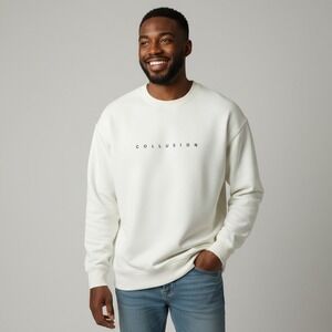 Collusion Sweatshirt Mens Crewneck Logo Pullover Cream Streetwear Minimal 3X